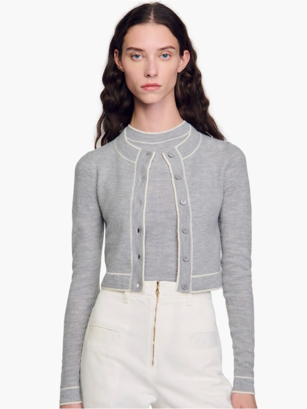 Sandro Light Gray Cropped Cardigan with Cream Trim